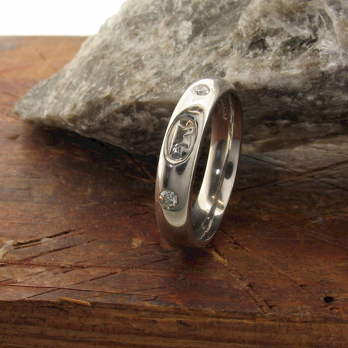 Gretna Green Anvil wedding ring set, one 9ct white gold 5mm Anvil ring size Y and one 9ct white gold 4mm diamond set Anvil ring size P.