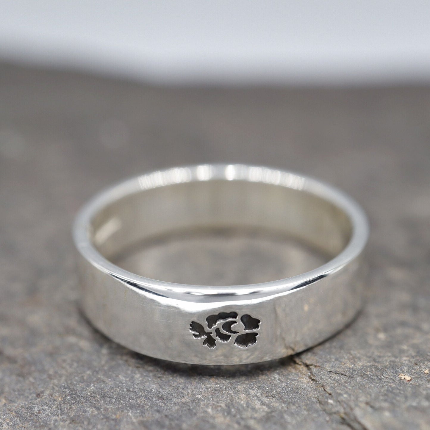 Silver flat wedding ring 5mm to 6mm English Rose band. - Gretna Green Wedding Rings