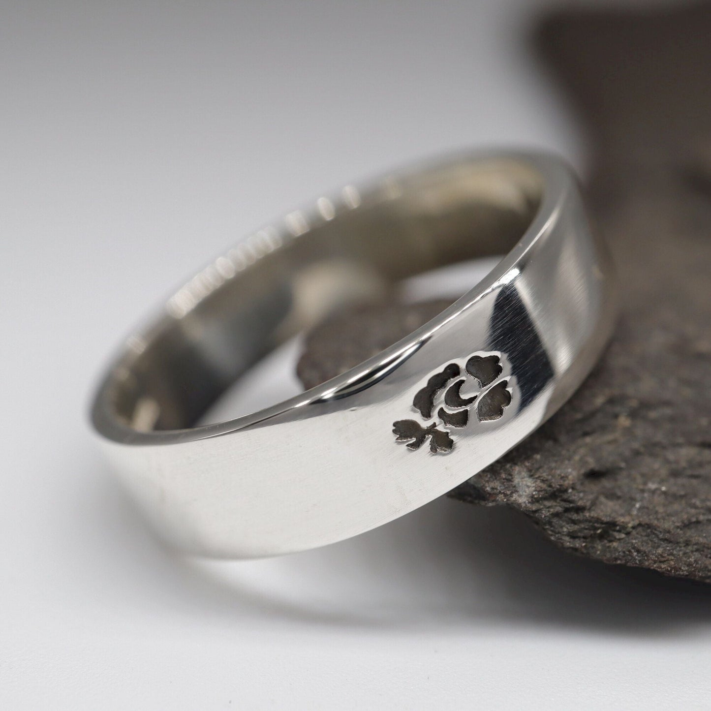 Silver flat wedding ring 5mm to 6mm English Rose band. - Gretna Green Wedding Rings