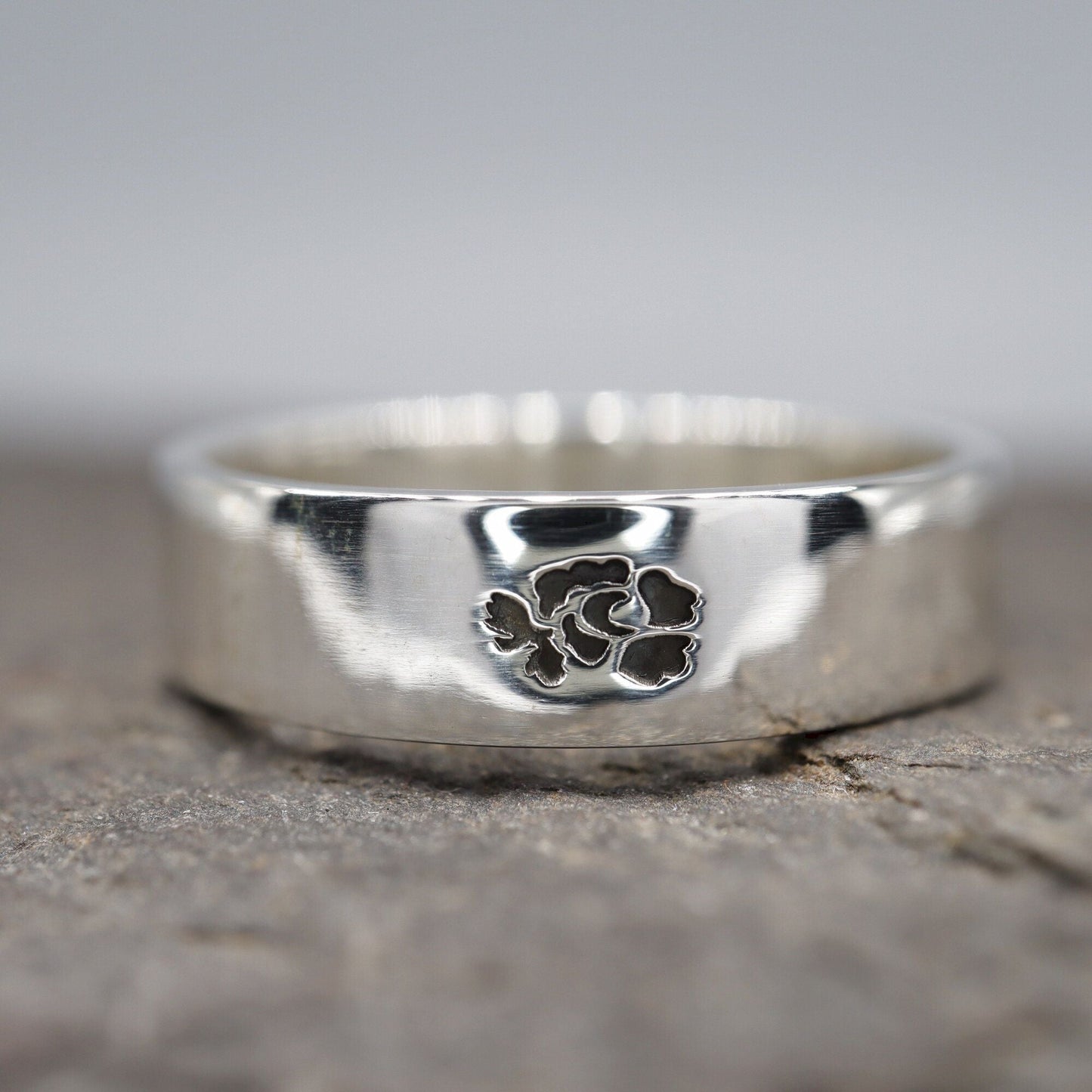 Silver flat wedding ring 5mm to 6mm English Rose band. - Gretna Green Wedding Rings