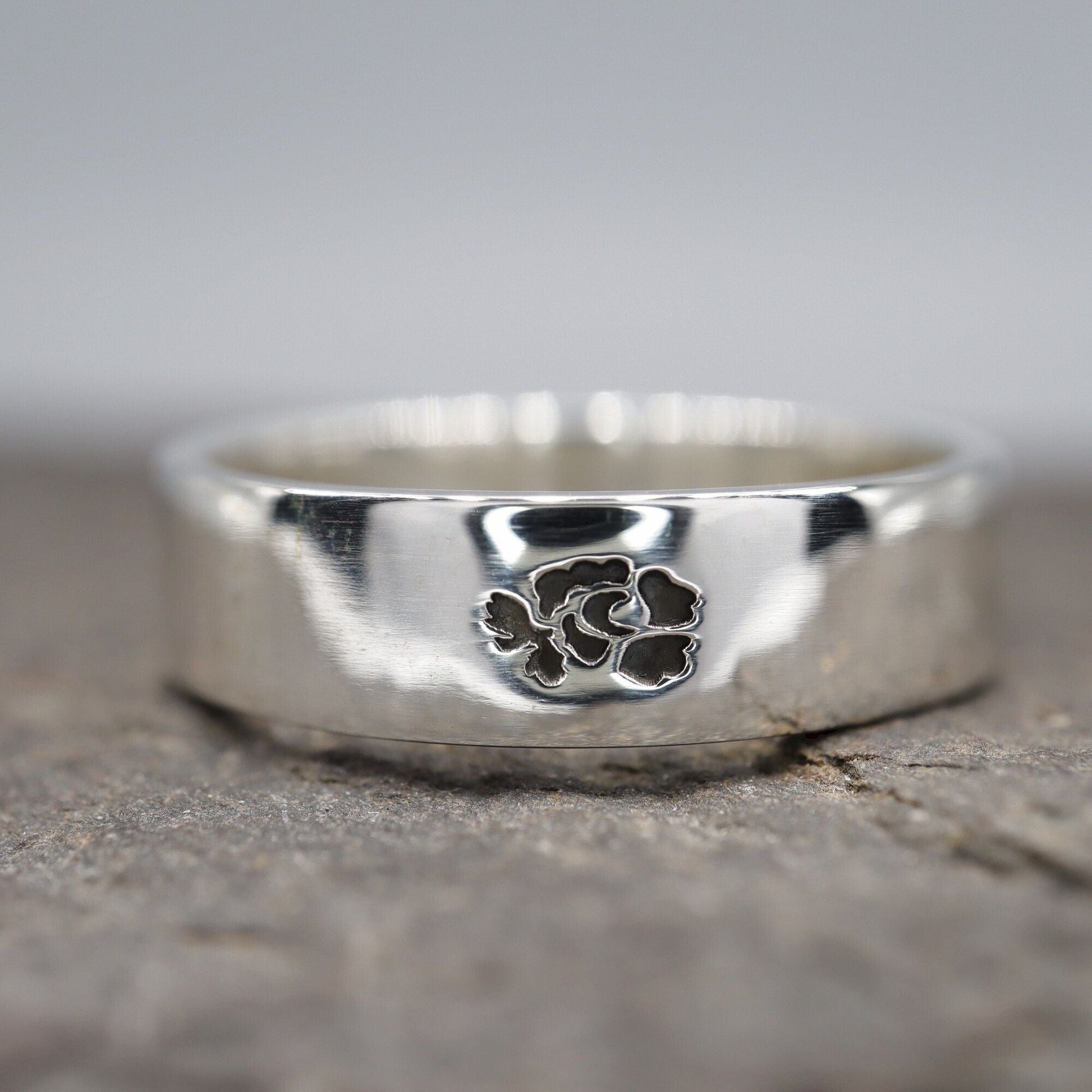 Silver flat wedding ring 5mm to 6mm English Rose band. - Gretna Green Wedding Rings