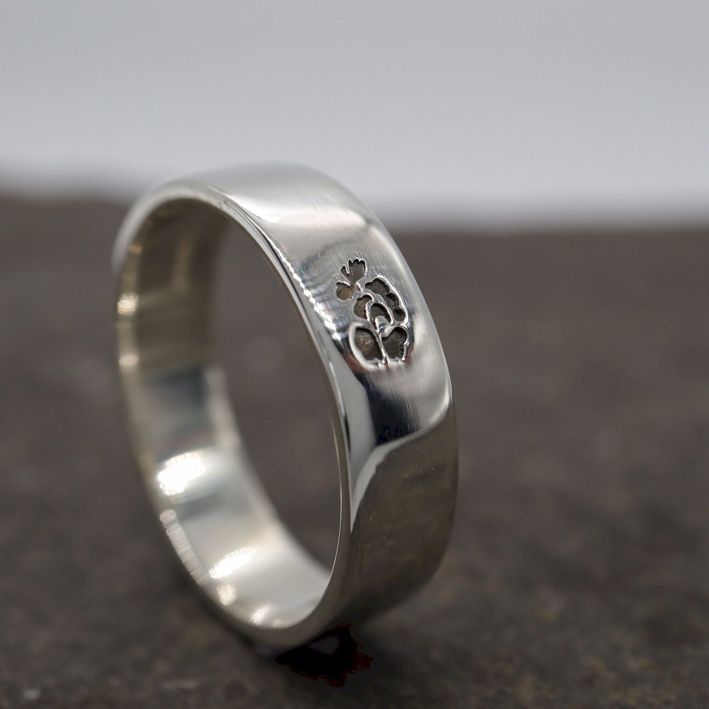 Silver flat wedding ring 5mm to 6mm English Rose band. - Gretna Green Wedding Rings