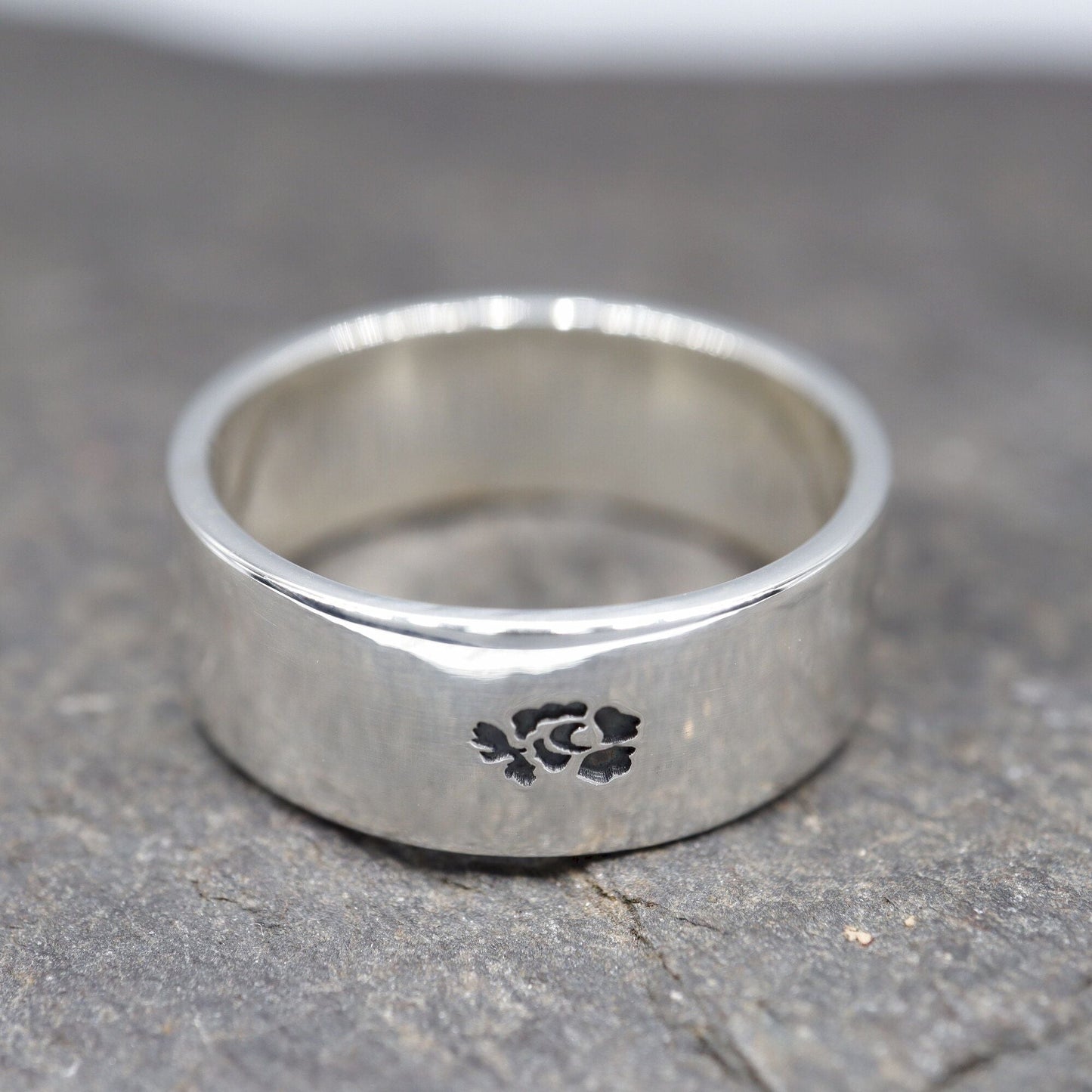 Silver flat wedding ring 8mm English Rose wide mens band. - Gretna Green Wedding Rings