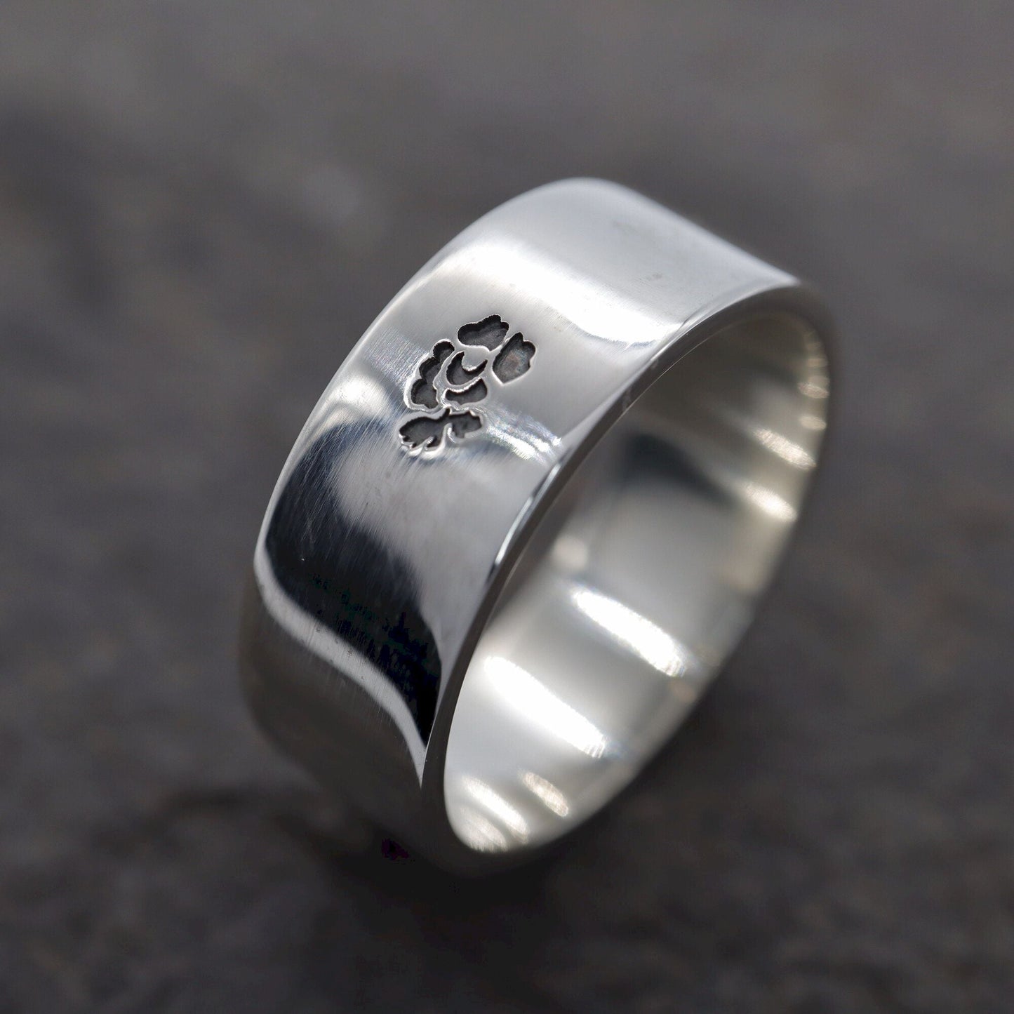 Silver flat wedding ring 8mm English Rose wide mens band. - Gretna Green Wedding Rings