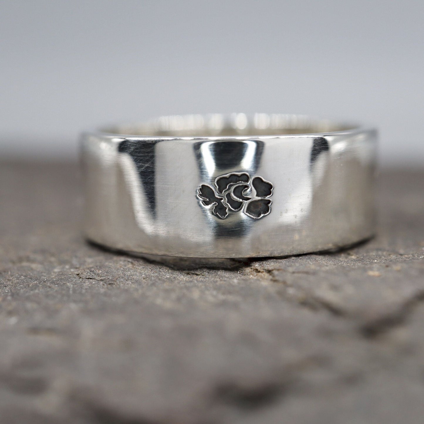Silver flat wedding ring 8mm English Rose wide mens band. - Gretna Green Wedding Rings