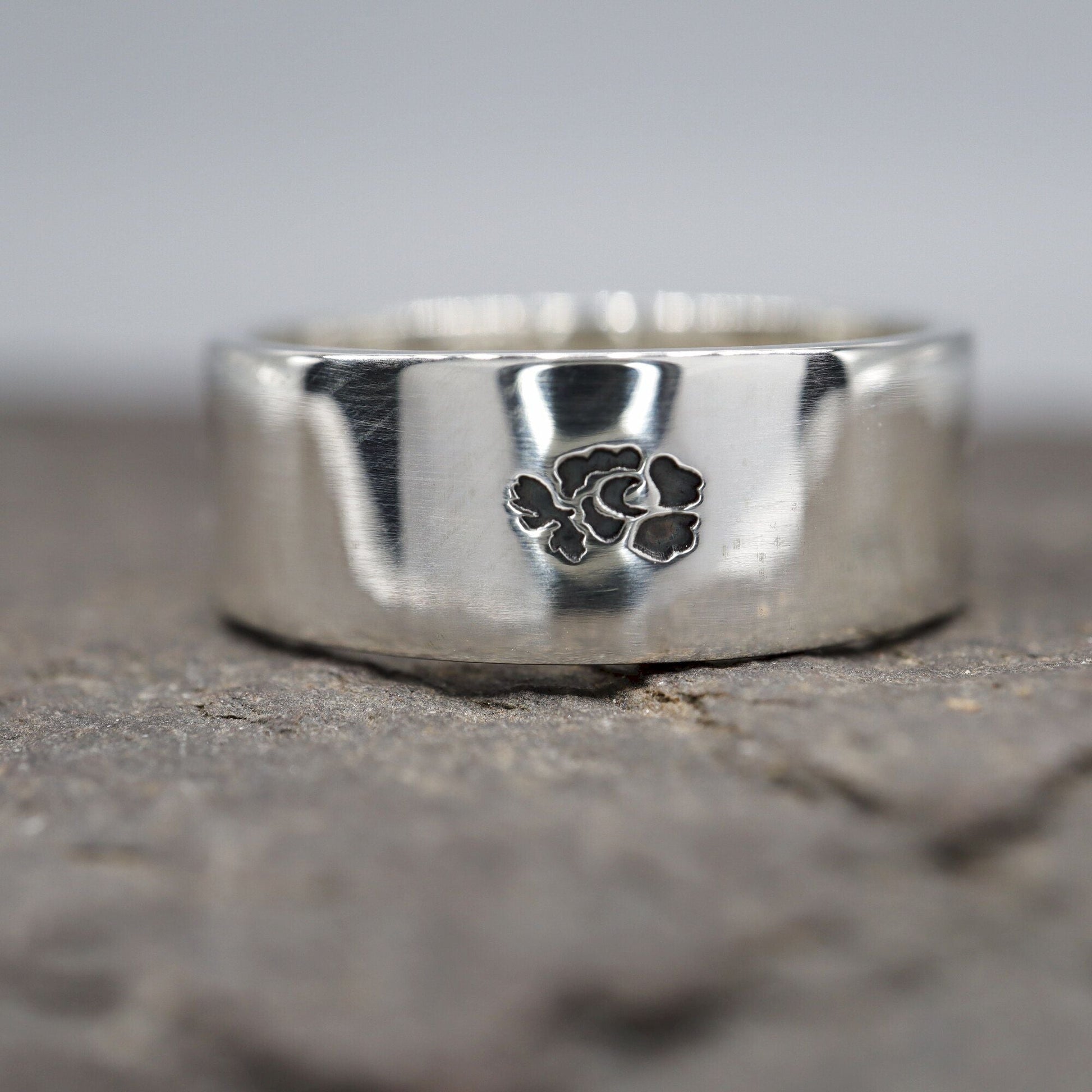 Silver flat wedding ring 8mm English Rose wide mens band. - Gretna Green Wedding Rings