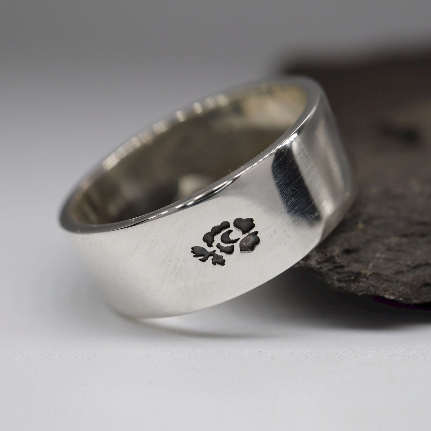 Silver flat wedding ring 8mm English Rose wide mens band. - Gretna Green Wedding Rings