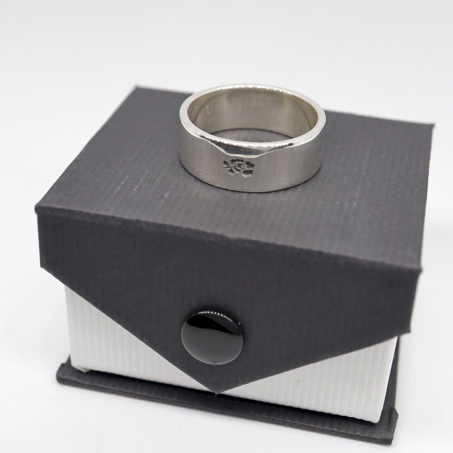 Silver flat wedding ring 8mm English Rose wide mens band. - Gretna Green Wedding Rings