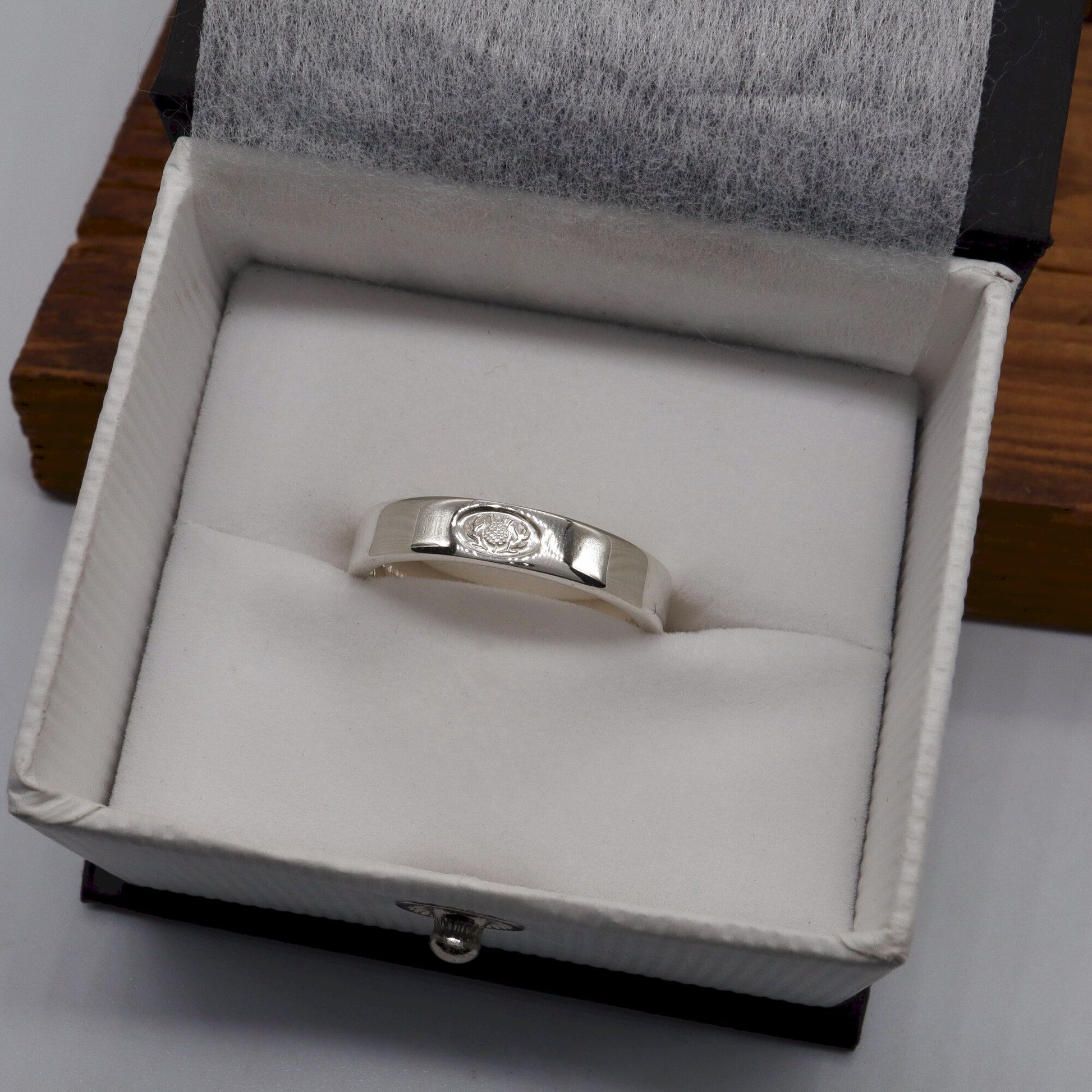White gold flat 4mm Scottish Thistle narrow wedding ring - Gretna Green Wedding Rings