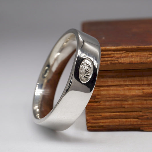 Silver flat 5mm to 6mm Scottish Thistle medium wedding ring - Gretna Green Wedding Rings
