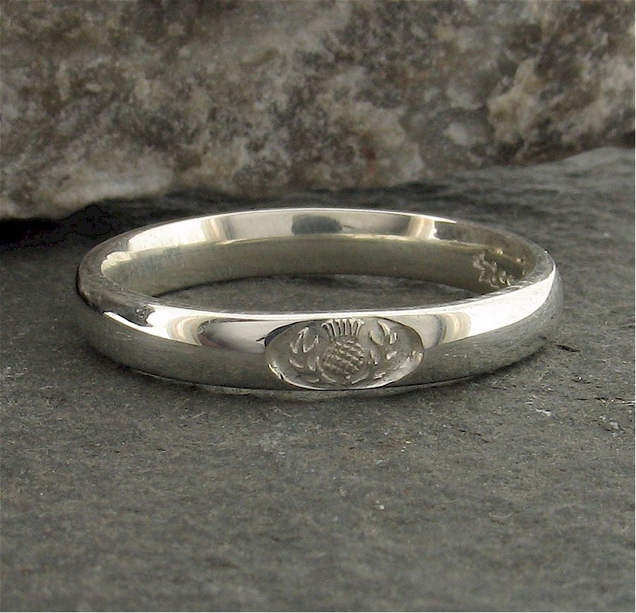 Wedding ring 3mm to 4mm Scottish Thistle white gold narrow band. - Gretna Green Wedding Rings