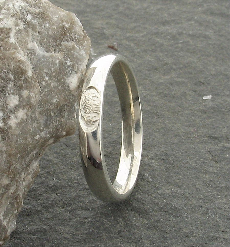 Silver wedding ring 3mm to 4mm Scottish Thistle narrow womens band - Gretna Green Wedding Rings