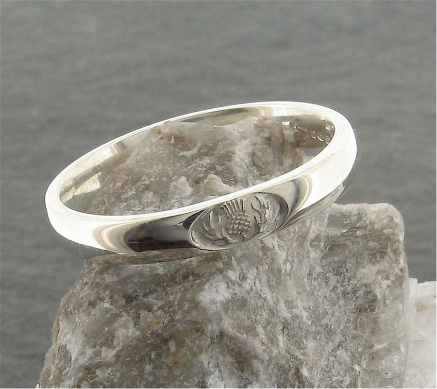 Wedding ring 3mm to 4mm Scottish Thistle white gold narrow band. - Gretna Green Wedding Rings