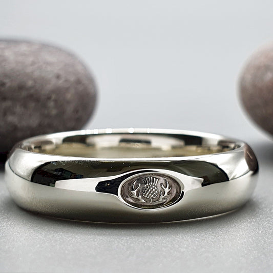Silver wedding ring 5mm to 6mm Scottish Thistle medium court band. - Gretna Green Wedding Rings