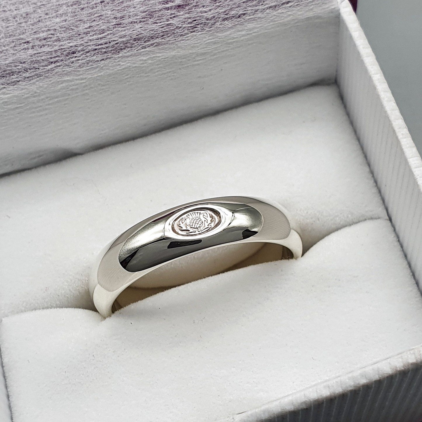 Silver wedding ring 5mm to 6mm Scottish Thistle medium court band. - Gretna Green Wedding Rings