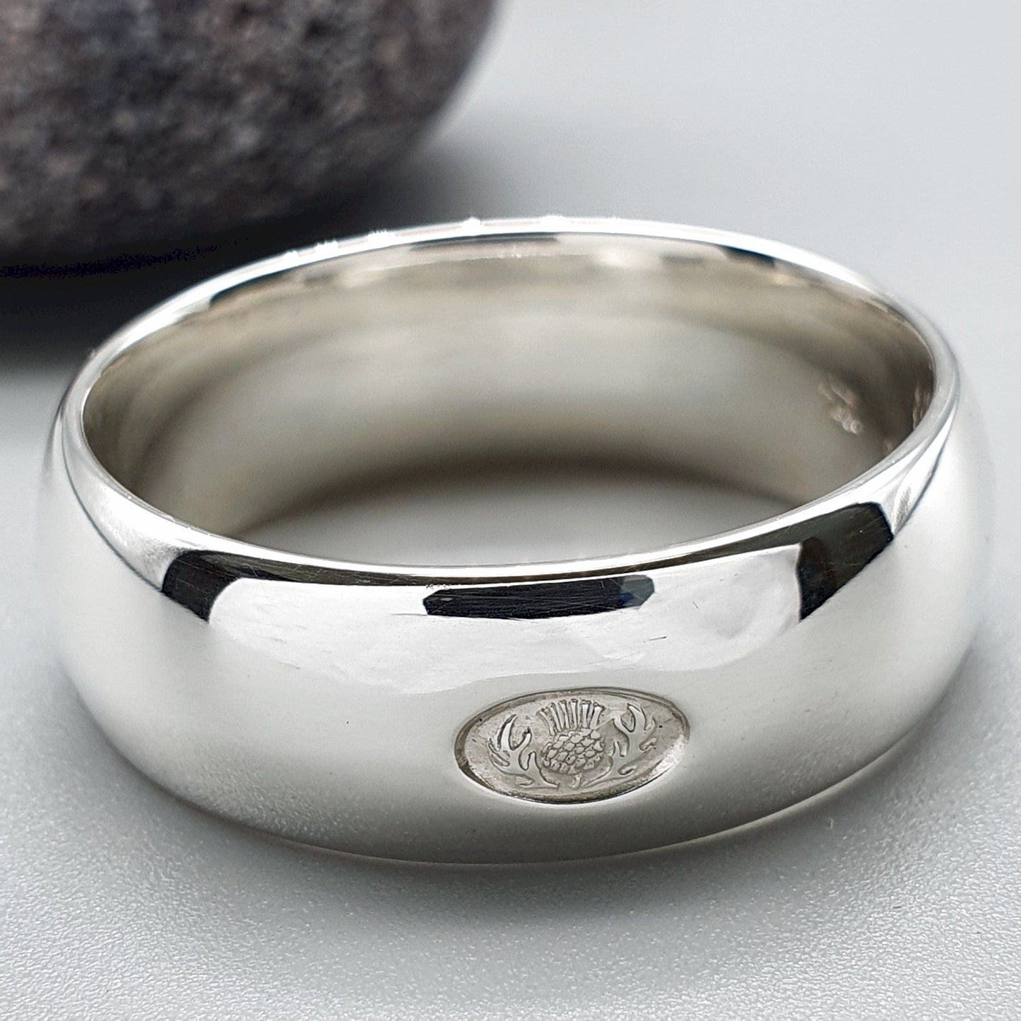 Silver wedding ring 7mm to 8mm Scottish Thistle wide mens band - Gretna Green Wedding Rings