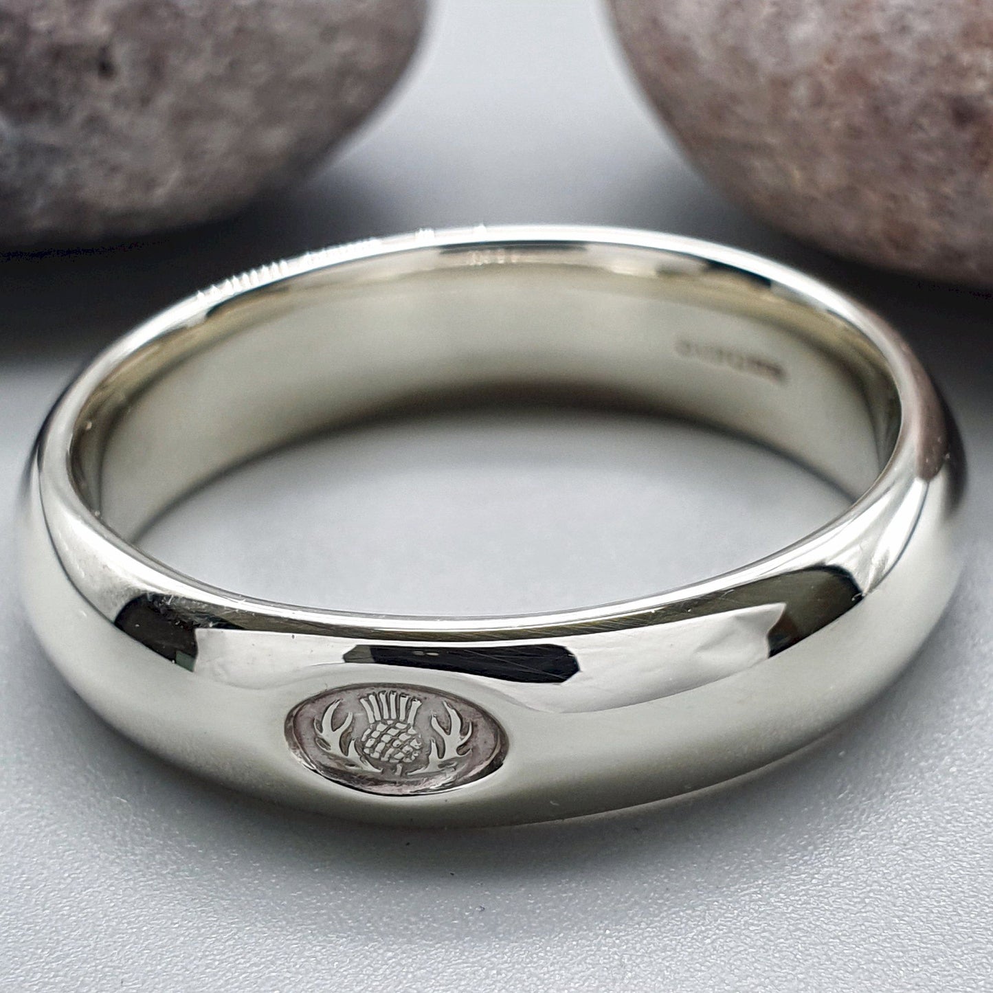 Wedding ring 5mm to 6mm Scottish Thistle white gold medium band. - Gretna Green Wedding Rings