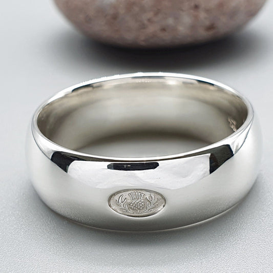 Wedding ring 7mm to 8mm Scottish Thistle white gold wide band. - Gretna Green Wedding Rings