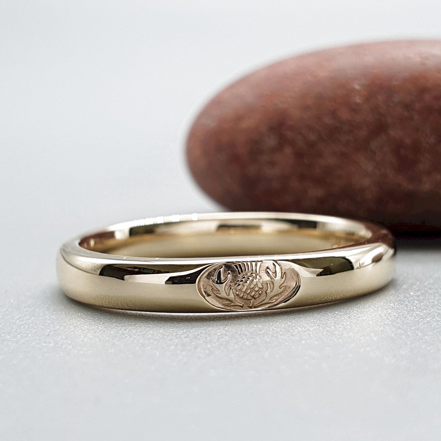 Wedding ring 3mm to 4mm Scottish Thistle yellow gold narrow band. - Gretna Green Wedding Rings