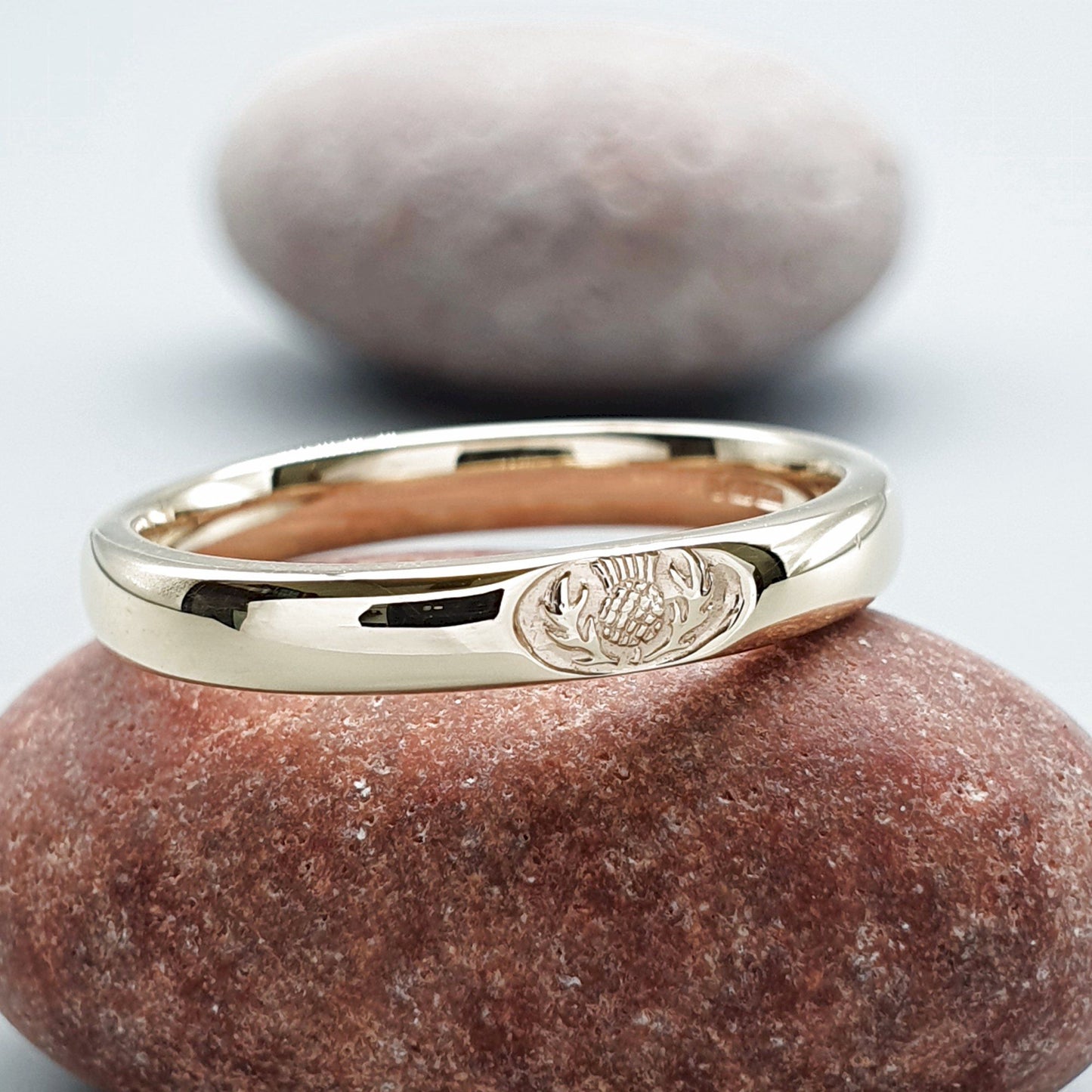 Wedding ring 3mm to 4mm Scottish Thistle yellow gold narrow band. - Gretna Green Wedding Rings