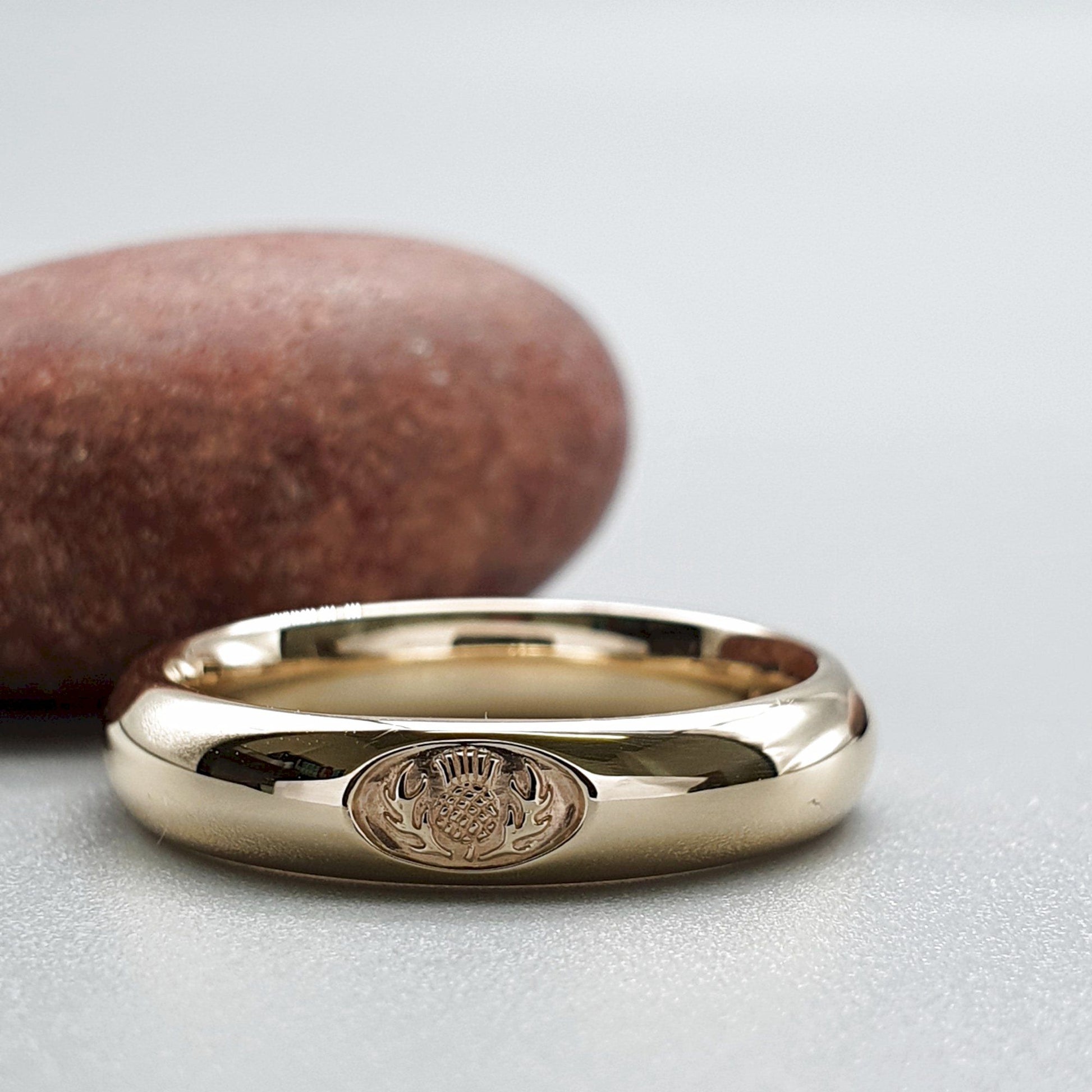 Wedding ring 3mm to 4mm Scottish Thistle yellow gold narrow band. - Gretna Green Wedding Rings