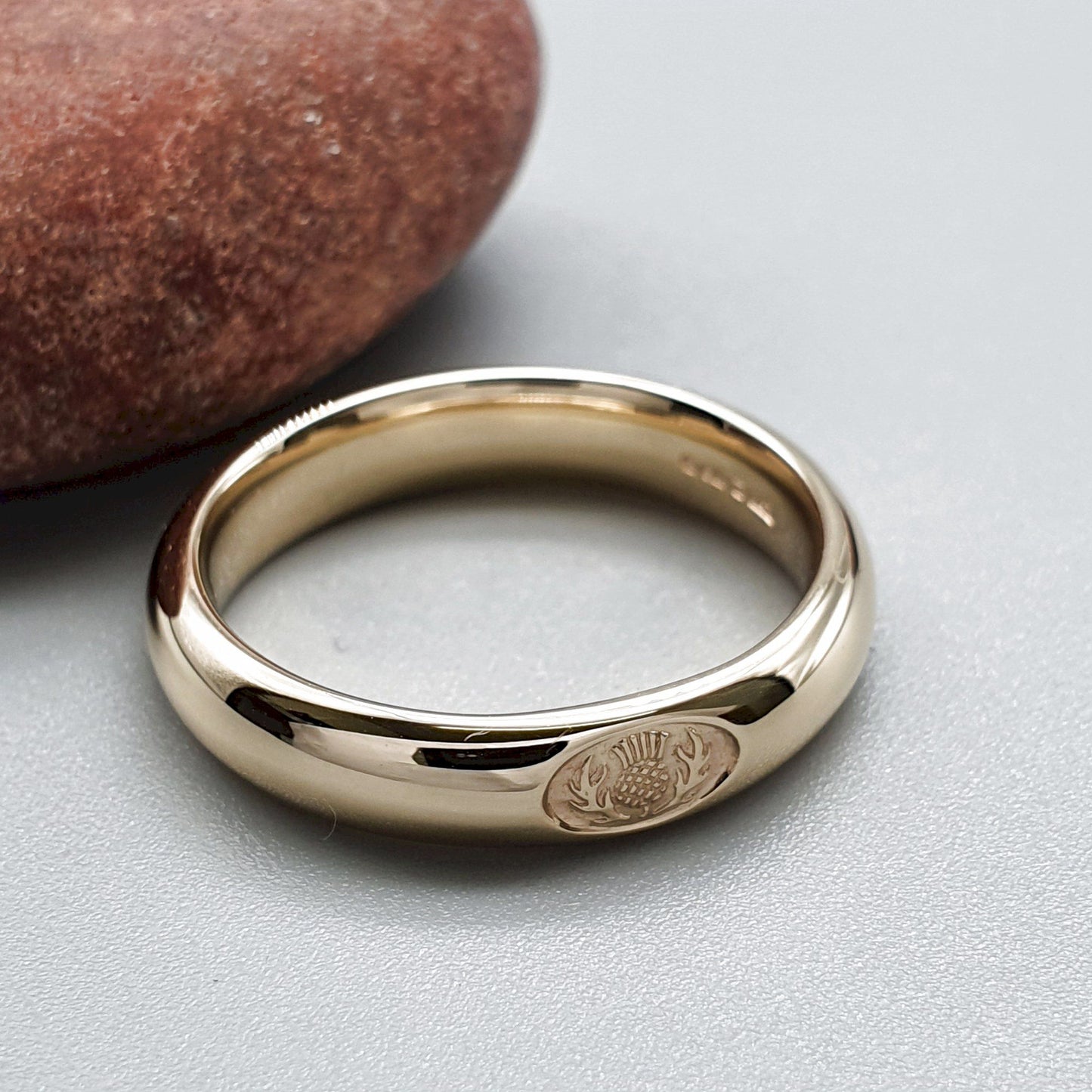 Wedding ring 3mm to 4mm Scottish Thistle yellow gold narrow band. - Gretna Green Wedding Rings