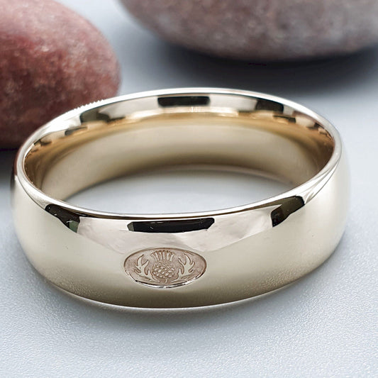 Wedding ring 7mm to 8mm Scottish Thistle yellow gold wide mens band. - Gretna Green Wedding Rings