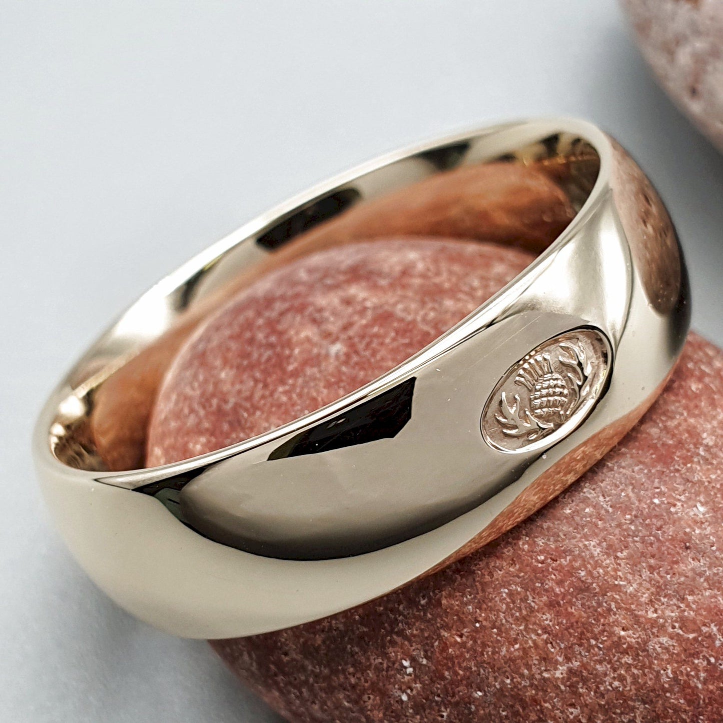 Wedding ring 7mm to 8mm Scottish Thistle yellow gold wide mens band. - Gretna Green Wedding Rings