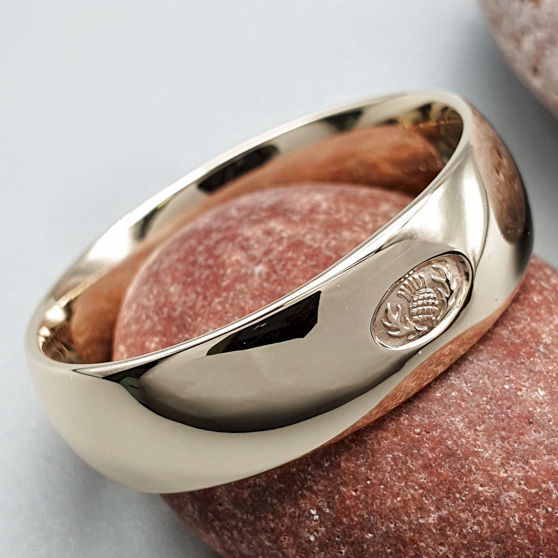 Wedding ring 7mm to 8mm Scottish Thistle yellow gold wide mens band. - Gretna Green Wedding Rings