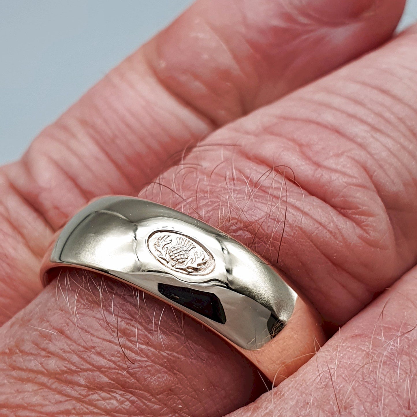 Wedding ring 7mm to 8mm Scottish Thistle yellow gold wide mens band. - Gretna Green Wedding Rings