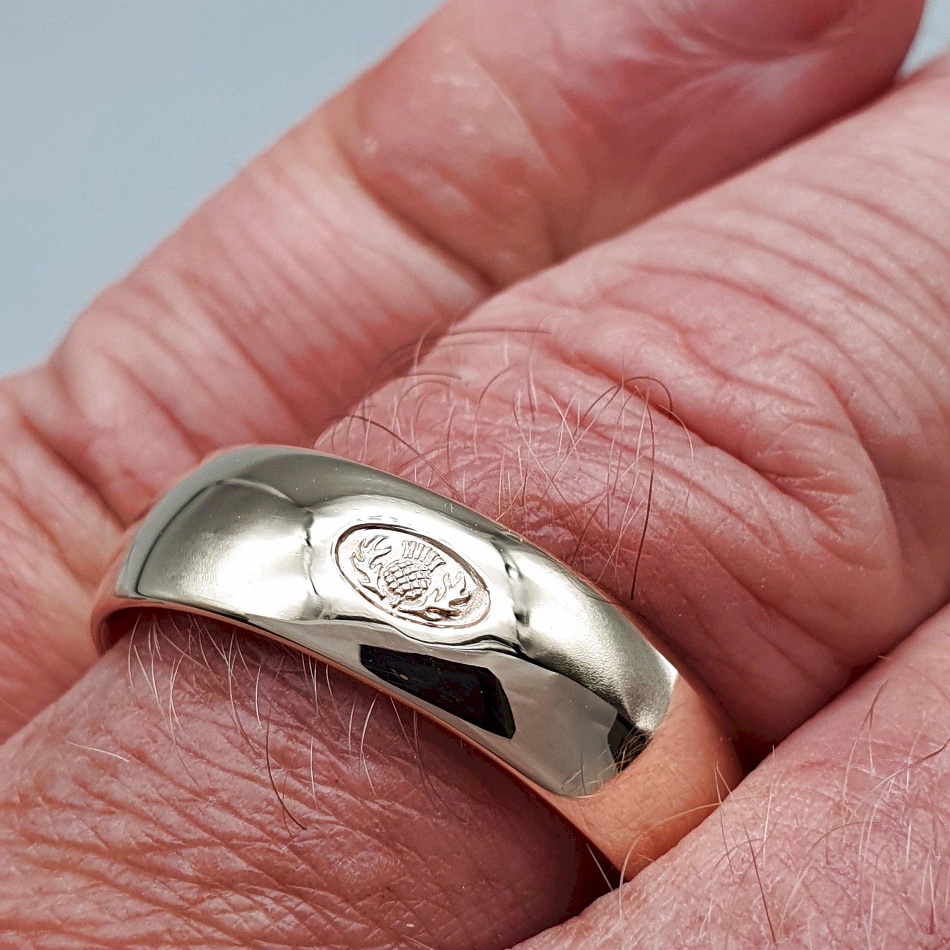 Wedding ring 7mm to 8mm Scottish Thistle yellow gold wide mens band. - Gretna Green Wedding Rings