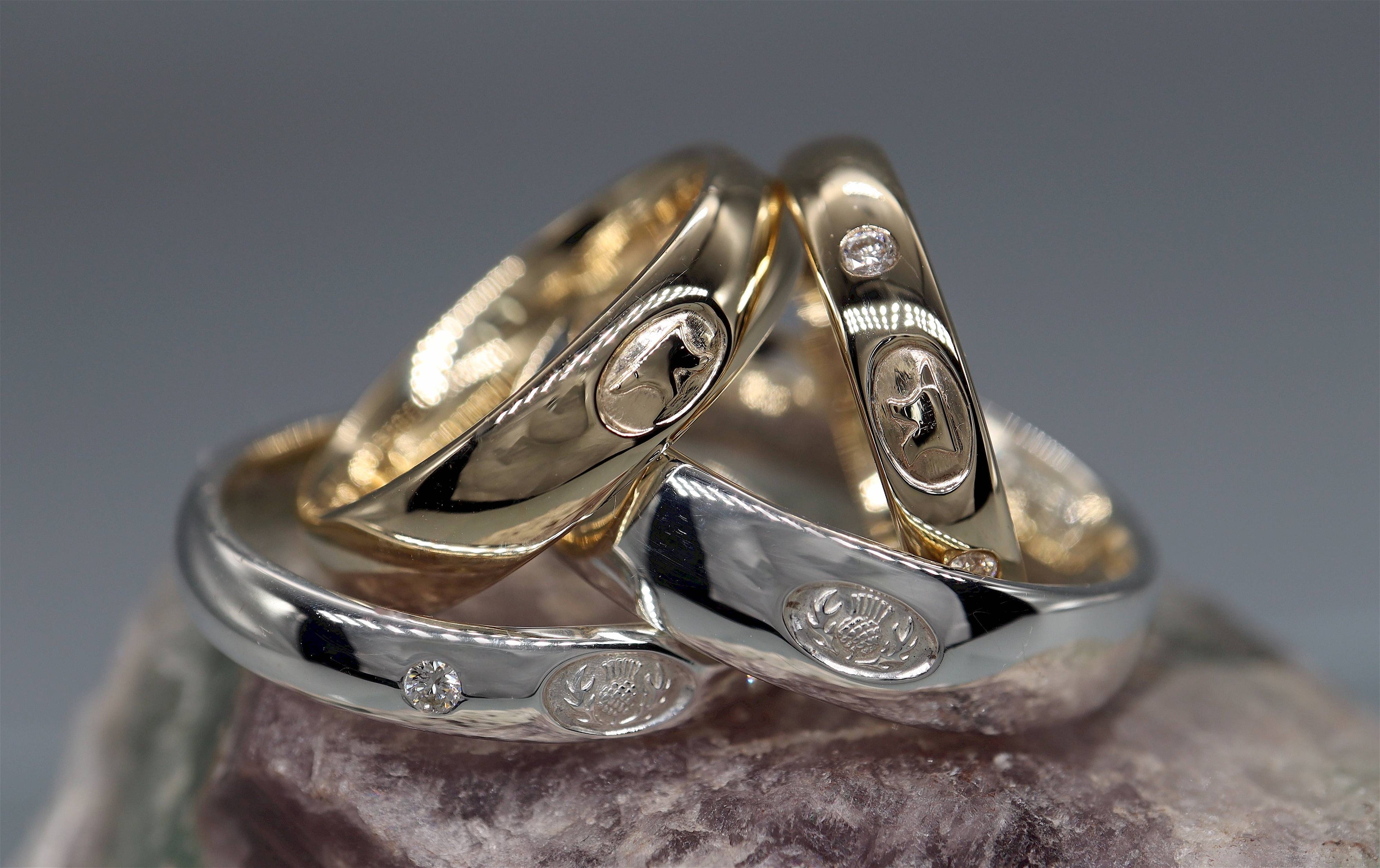Gretna Anvil and Scottish Thistle wedding rings