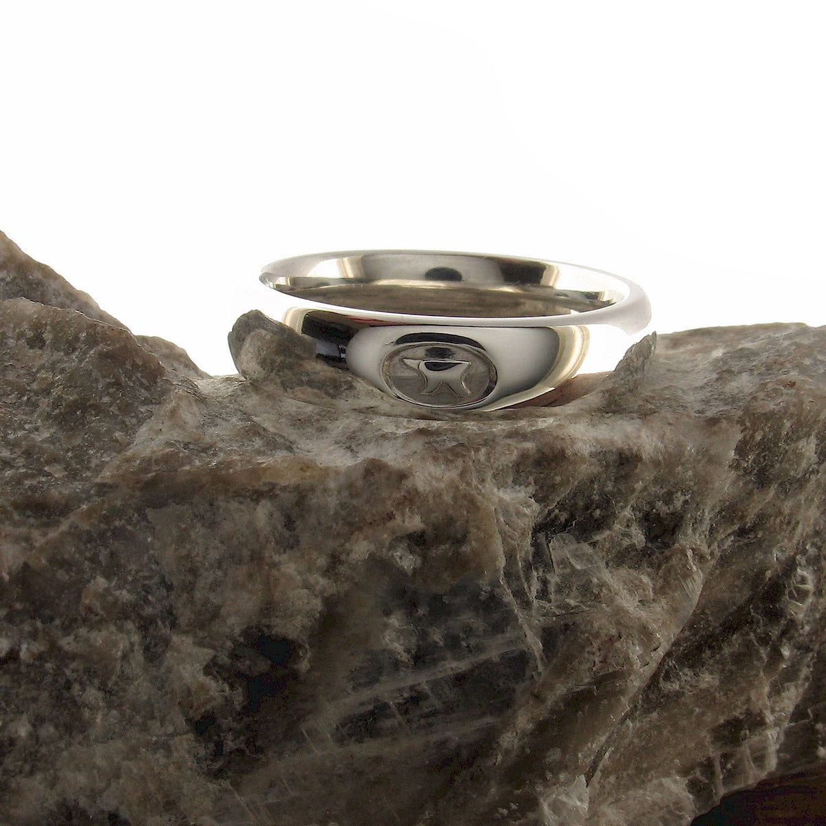 Gretna Green Anvil wedding ring set, one 9ct white gold 5mm Anvil ring size Y and one 9ct white gold 4mm diamond set Anvil ring size P.