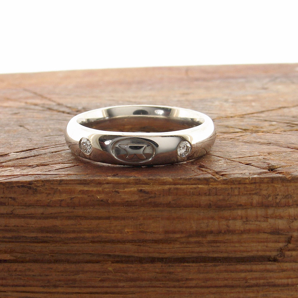 Gretna Green Anvil wedding ring set, one 9ct white gold 5mm Anvil ring size Y and one 9ct white gold 4mm diamond set Anvil ring size P.