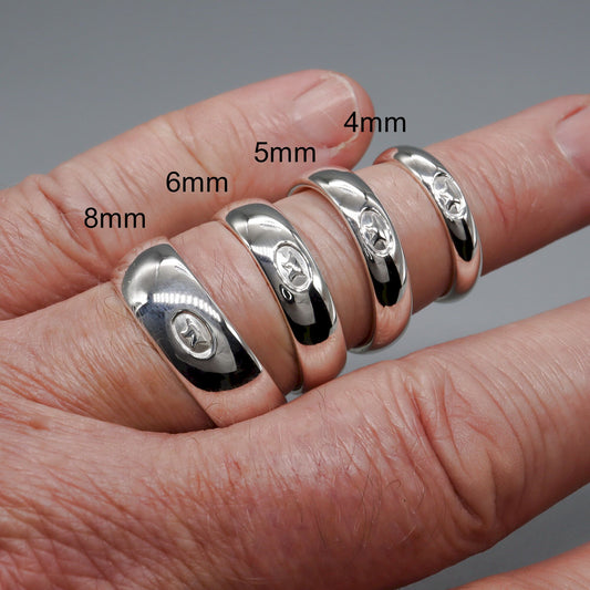 Silver Gretna Green Anvil wedding rings, 3mm to 8mm widths.