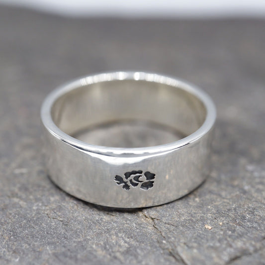Silver flat wedding ring 8mm English Rose wide mens band. - Gretna Green Wedding Rings