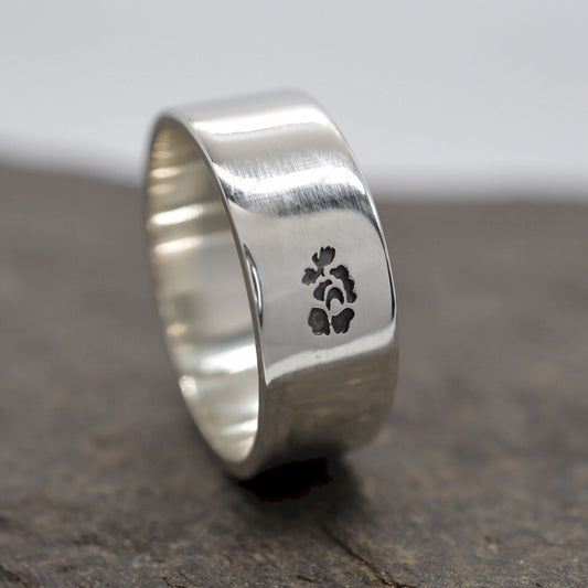 Silver flat wedding ring 8mm English Rose wide mens band. - Gretna Green Wedding Rings