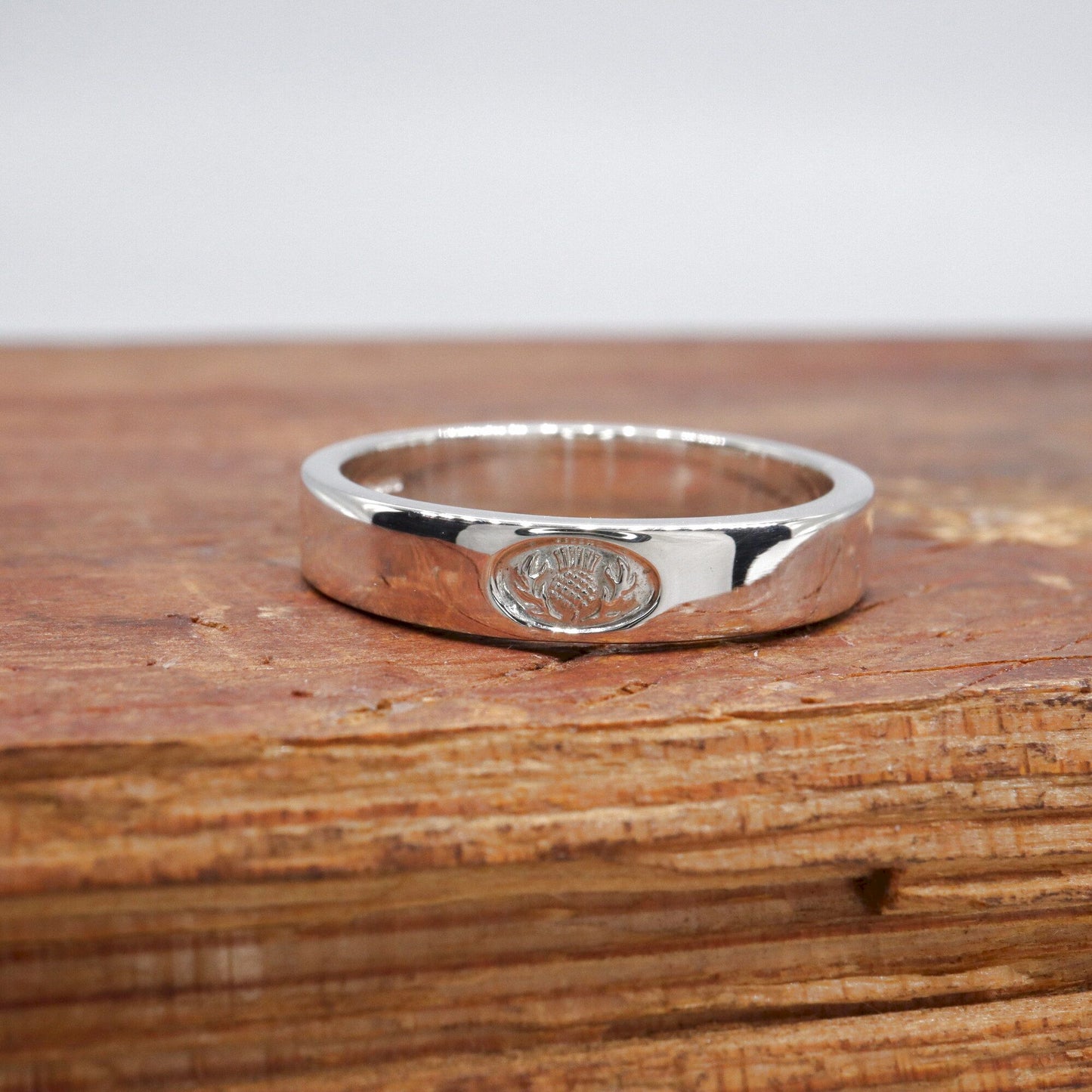 Silver flat 4mm Scottish Thistle narrow wedding ring