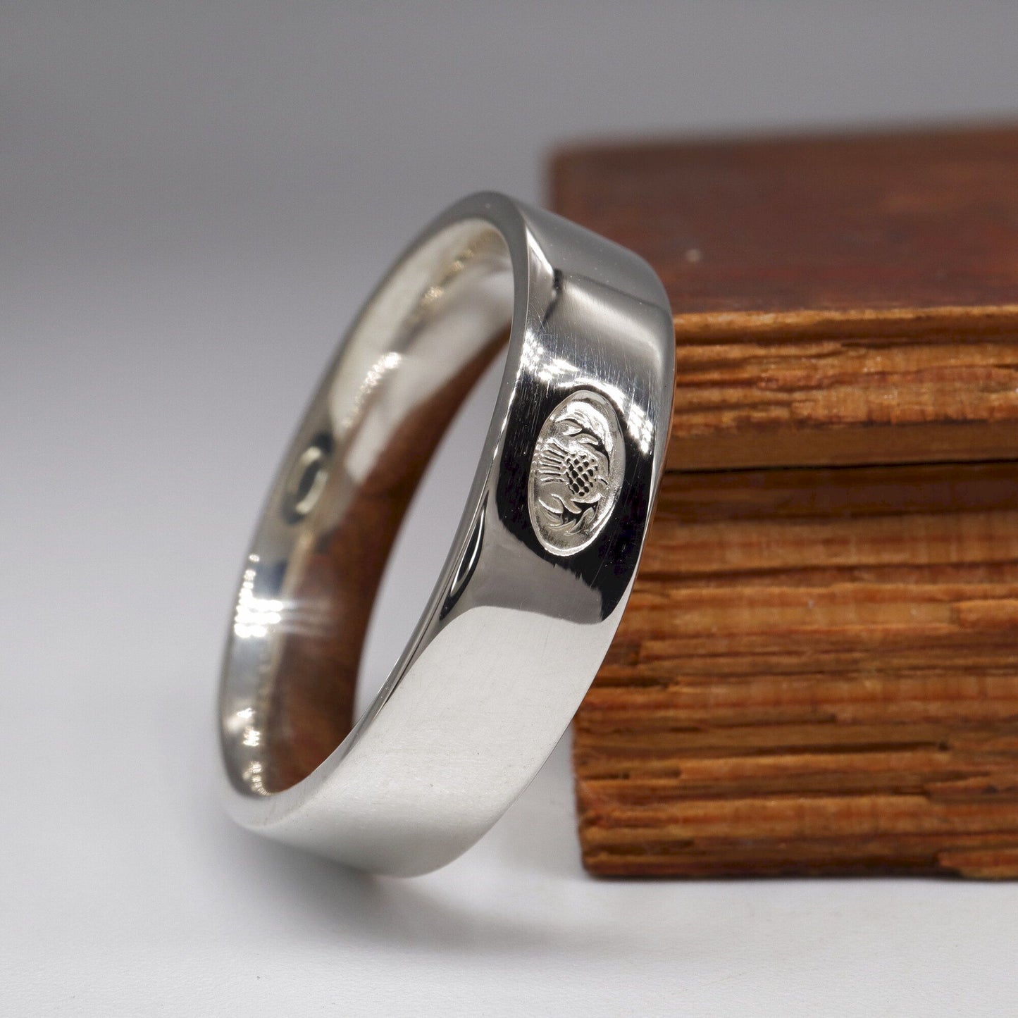 Silver flat 5mm to 6mm Scottish Thistle medium wedding ring