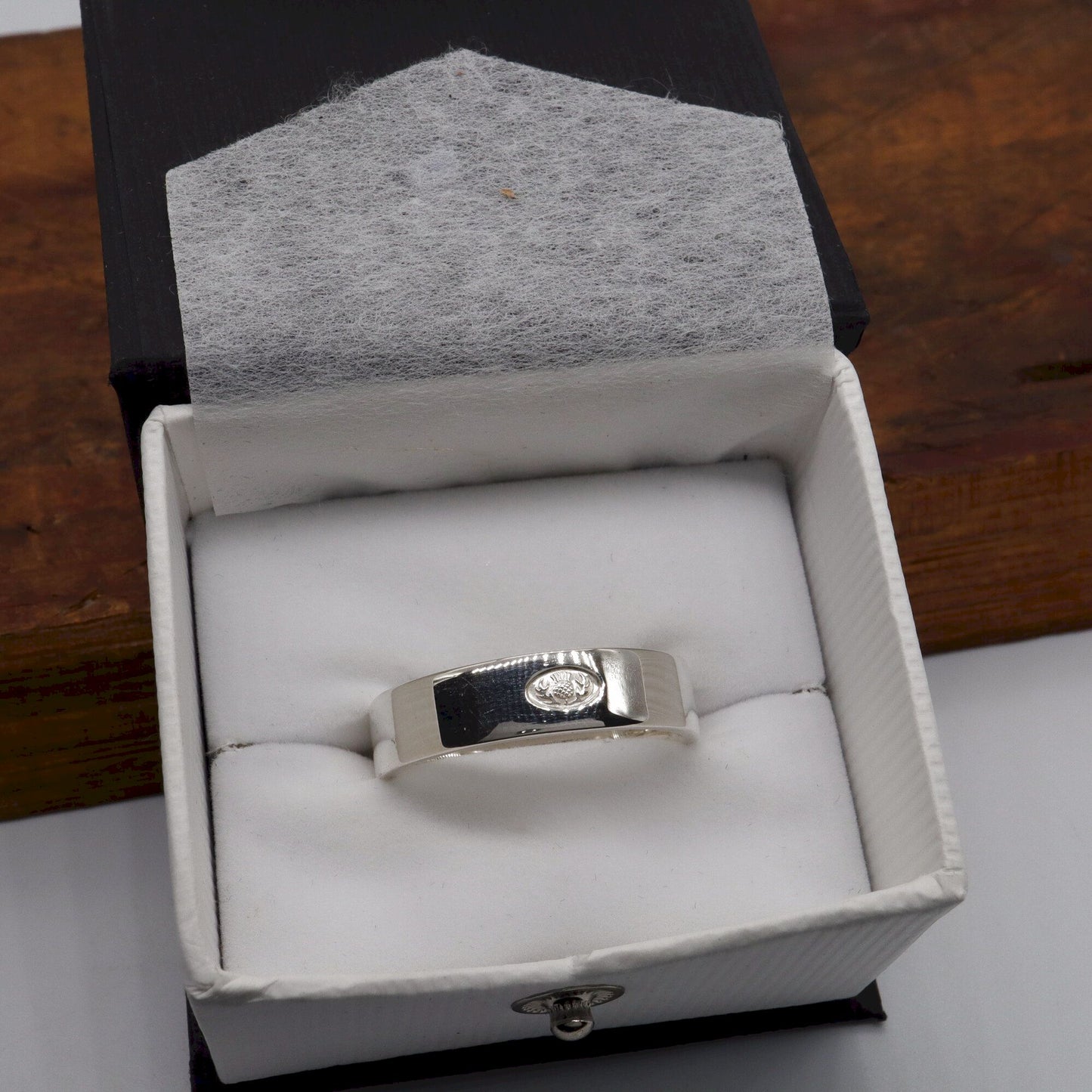Silver flat 5mm to 6mm Scottish Thistle medium wedding ring