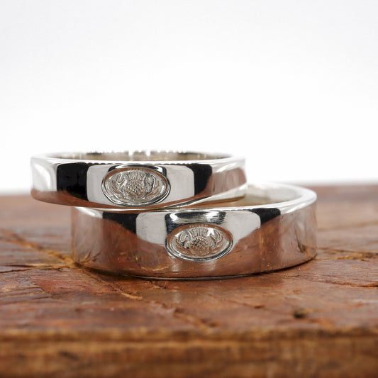 Scottish Thistle silver flat wedding ring set 4mm and 6mm