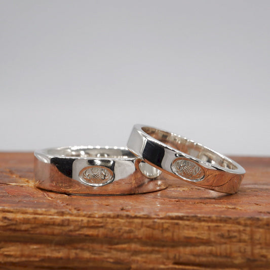 Scottish Thistle silver flat wedding ring set 4mm and 6mm