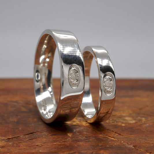 Scottish Thistle white gold flat wedding ring set 4mm and 6mm