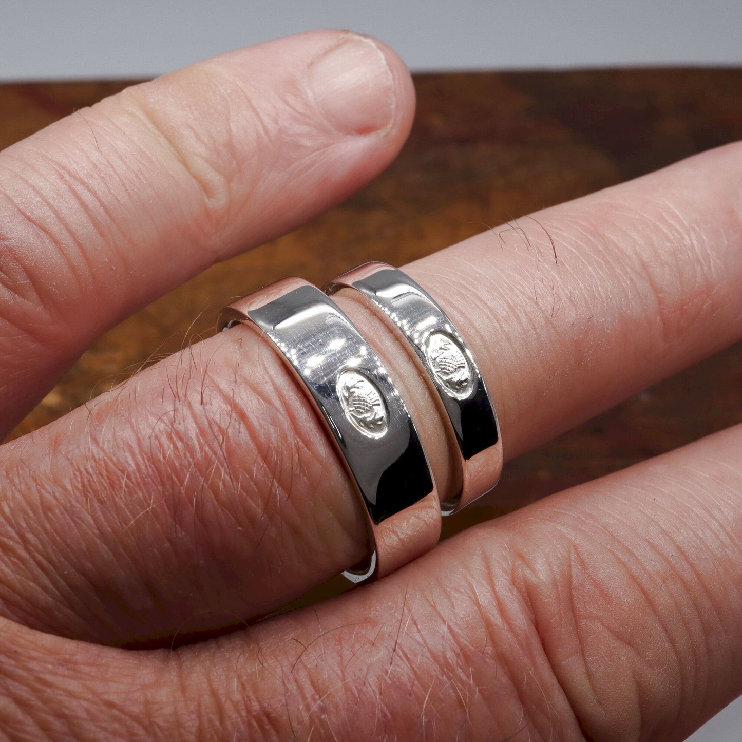 Scottish Thistle silver flat wedding ring set 4mm and 6mm