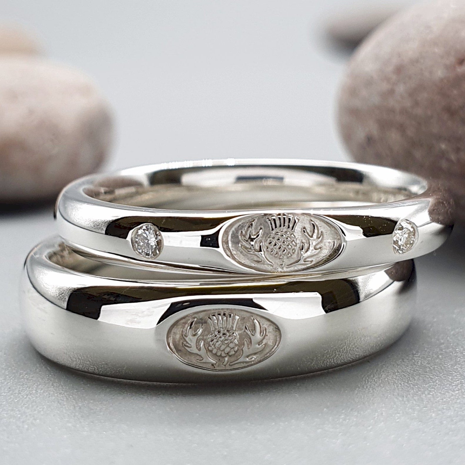 Diamond Scottish Thistle wedding ring sets. - Gretna Green Wedding Rings