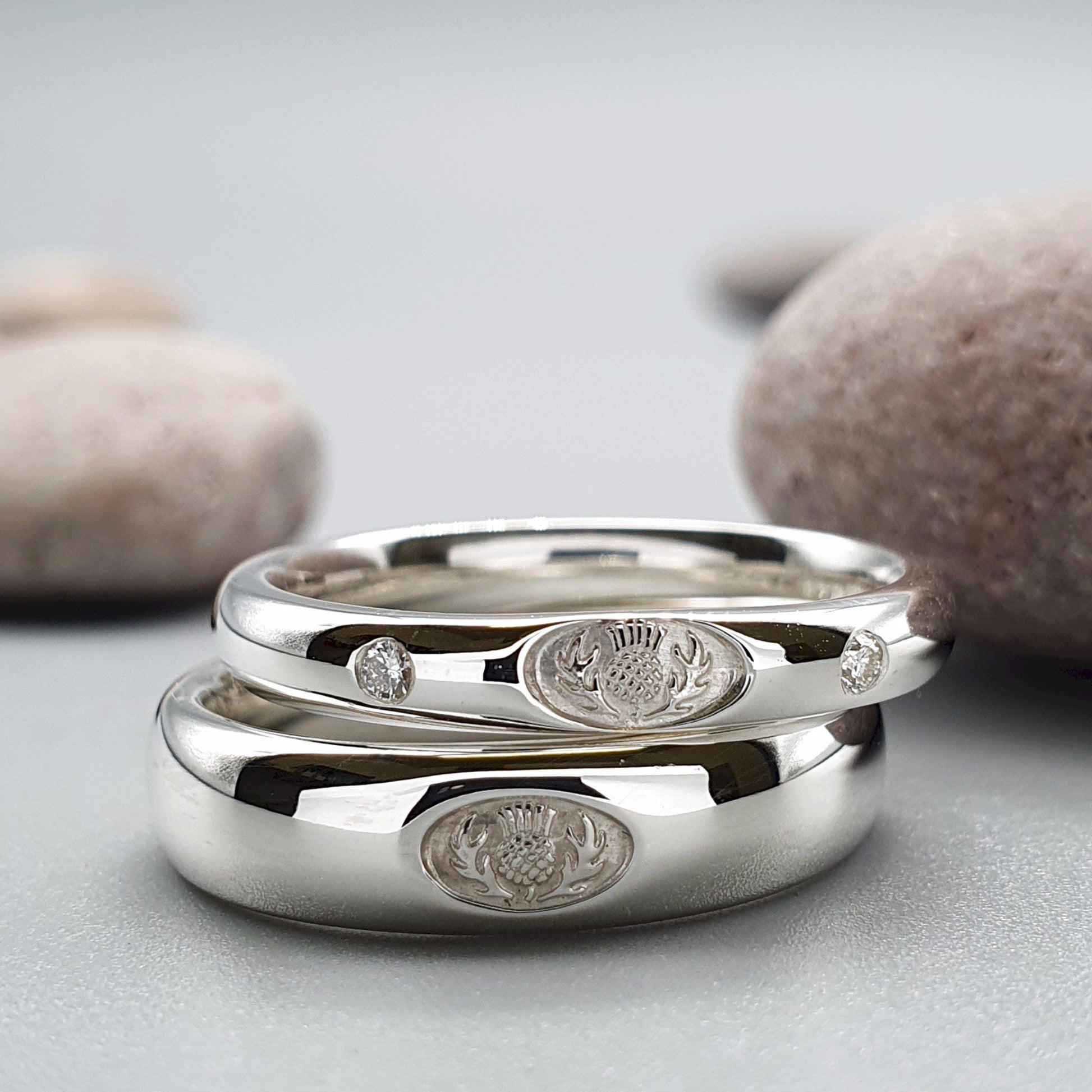 Diamond Scottish Thistle wedding ring sets. - Gretna Green Wedding Rings