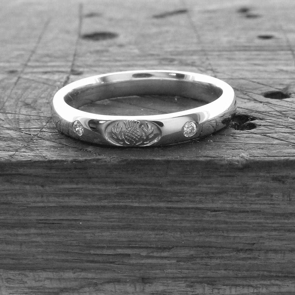 Scottish Thistle diamond set silver wedding rings 3mm-8mm