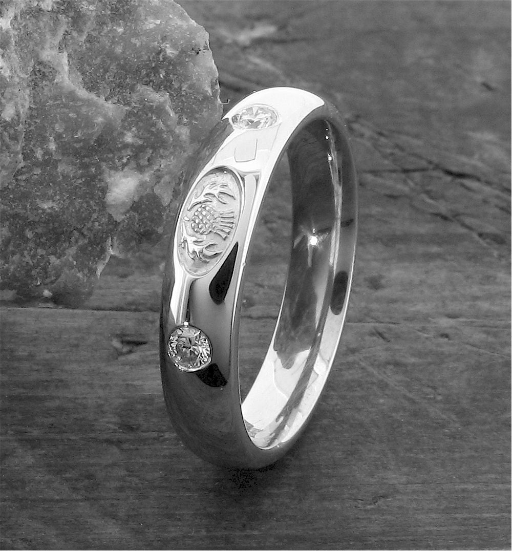 Scottish Thistle diamond set silver wedding rings 3mm-8mm