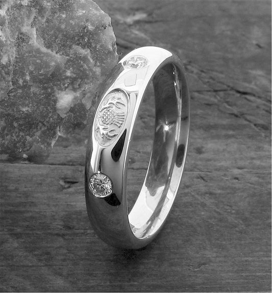 Scottish Thistle diamond set silver wedding rings 3mm-8mm - Gretna Green Wedding Rings
