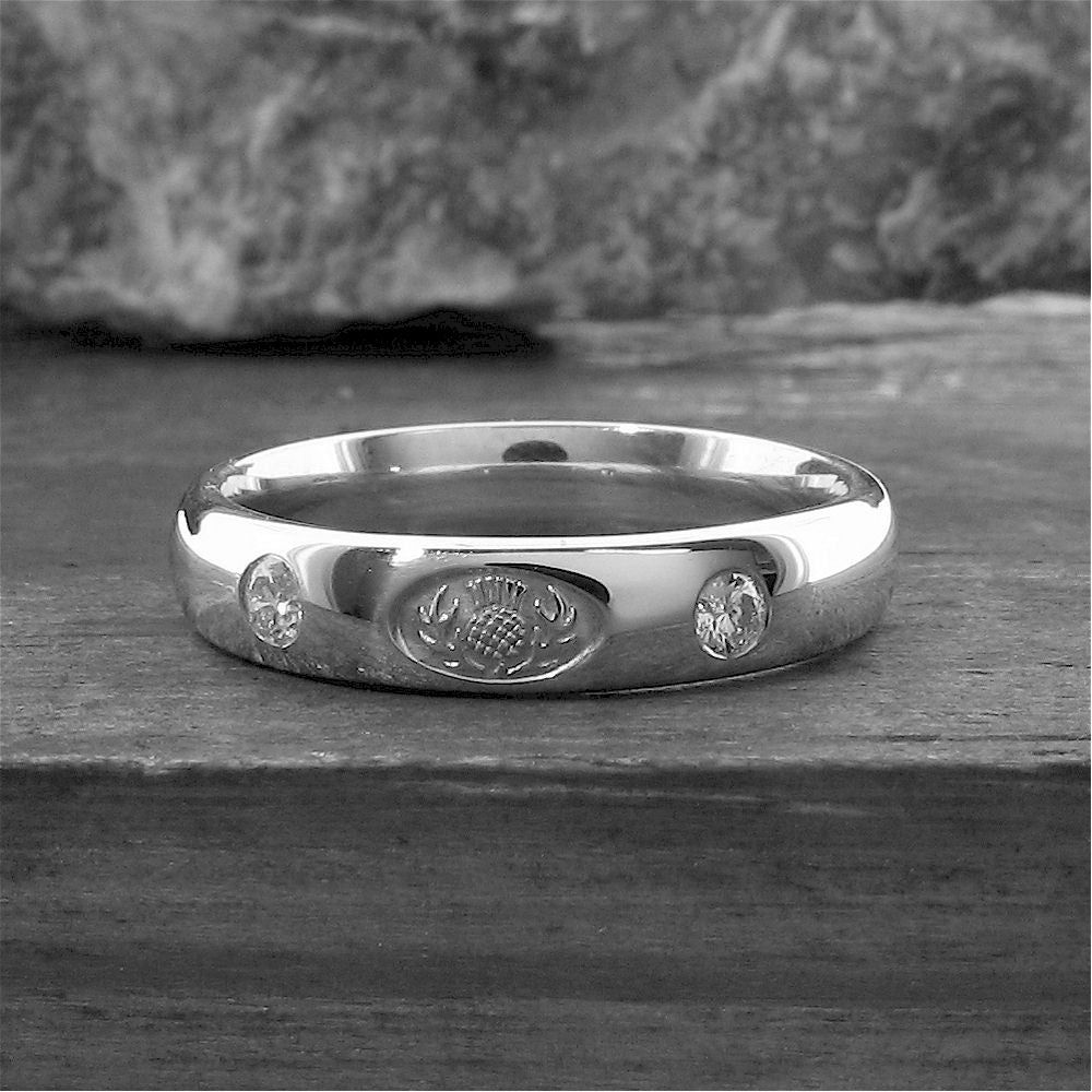 Scottish Thistle diamond set silver wedding rings 3mm-8mm